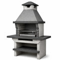 Barbecue fixe en béton gris clair et anthracite avec éléments argentés, hotte et grille réglable, 110 x 65 x 210 cm