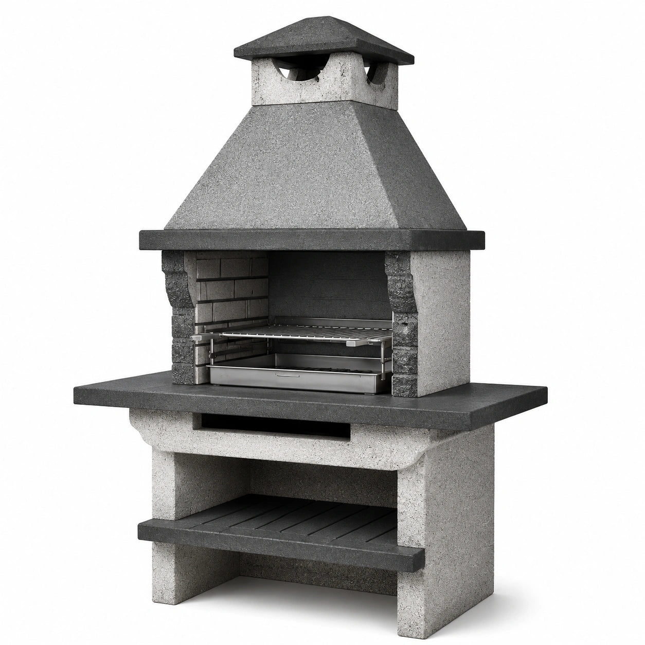 Barbecue fixe en béton gris clair et anthracite avec éléments argentés, hotte et grille réglable, 110 x 65 x 210 cm