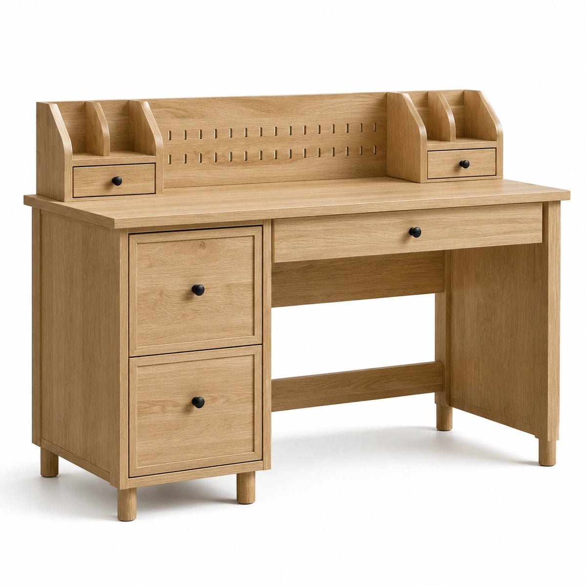 Bureau effet chêne naturel et noir avec 5 tiroirs et rangements supérieurs, 120 x 60 x 120 cm