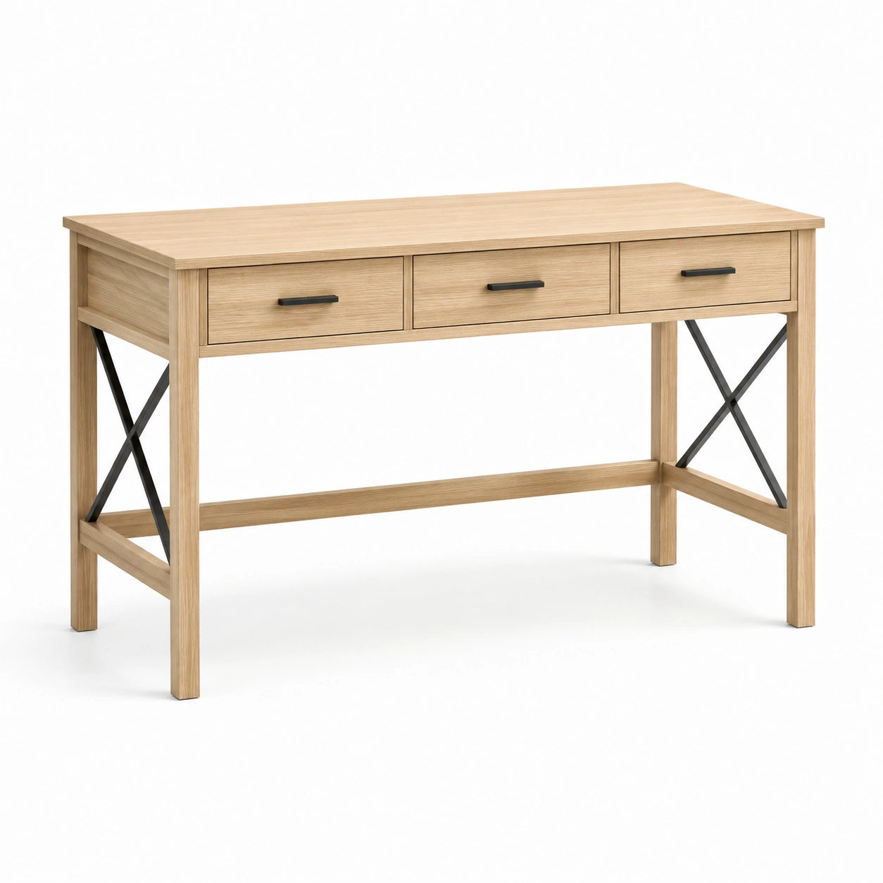 Bureau industriel à 3 tiroirs, effet chêne naturel et métal noir, 120 x 50 x 76 cm