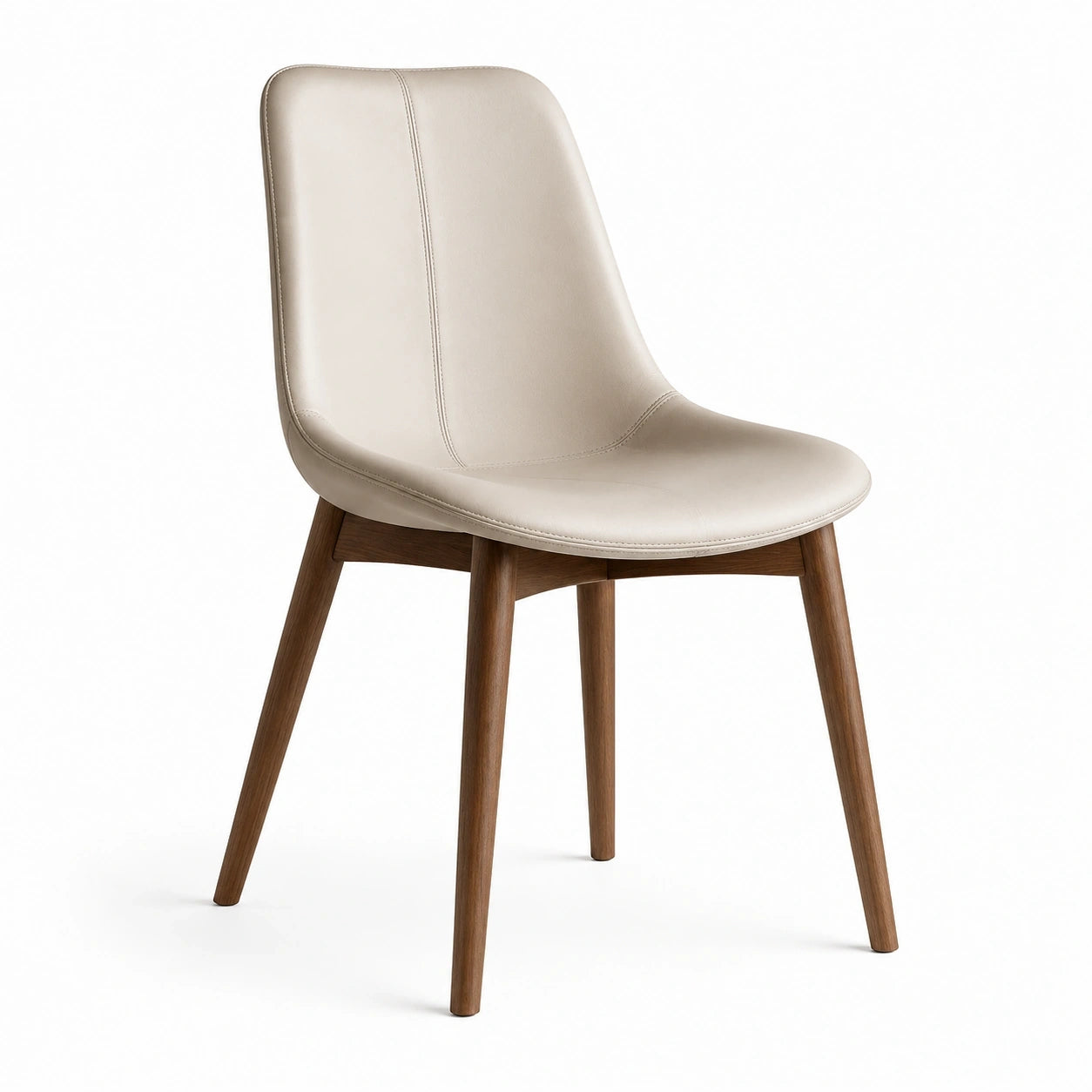 Chaise contemporaine en similicuir beige avec pieds en bois marron, 52 x 58 x 84 cm