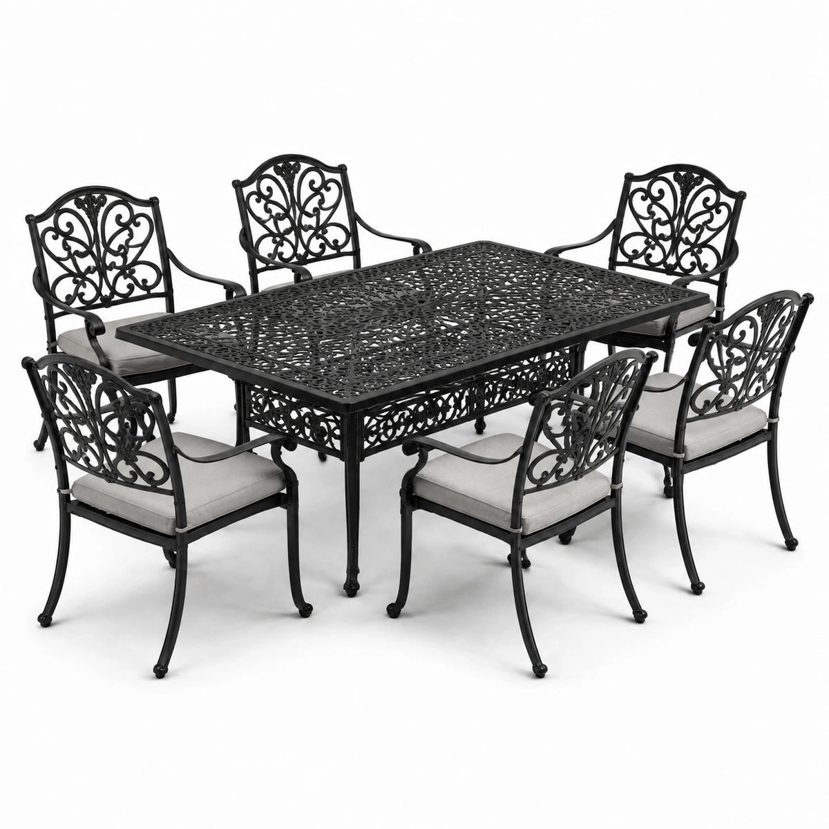 Ensemble repas de jardin 7 pièces noir et gris clair avec table de 180 x 100 x 74 cm et 6 fauteuils