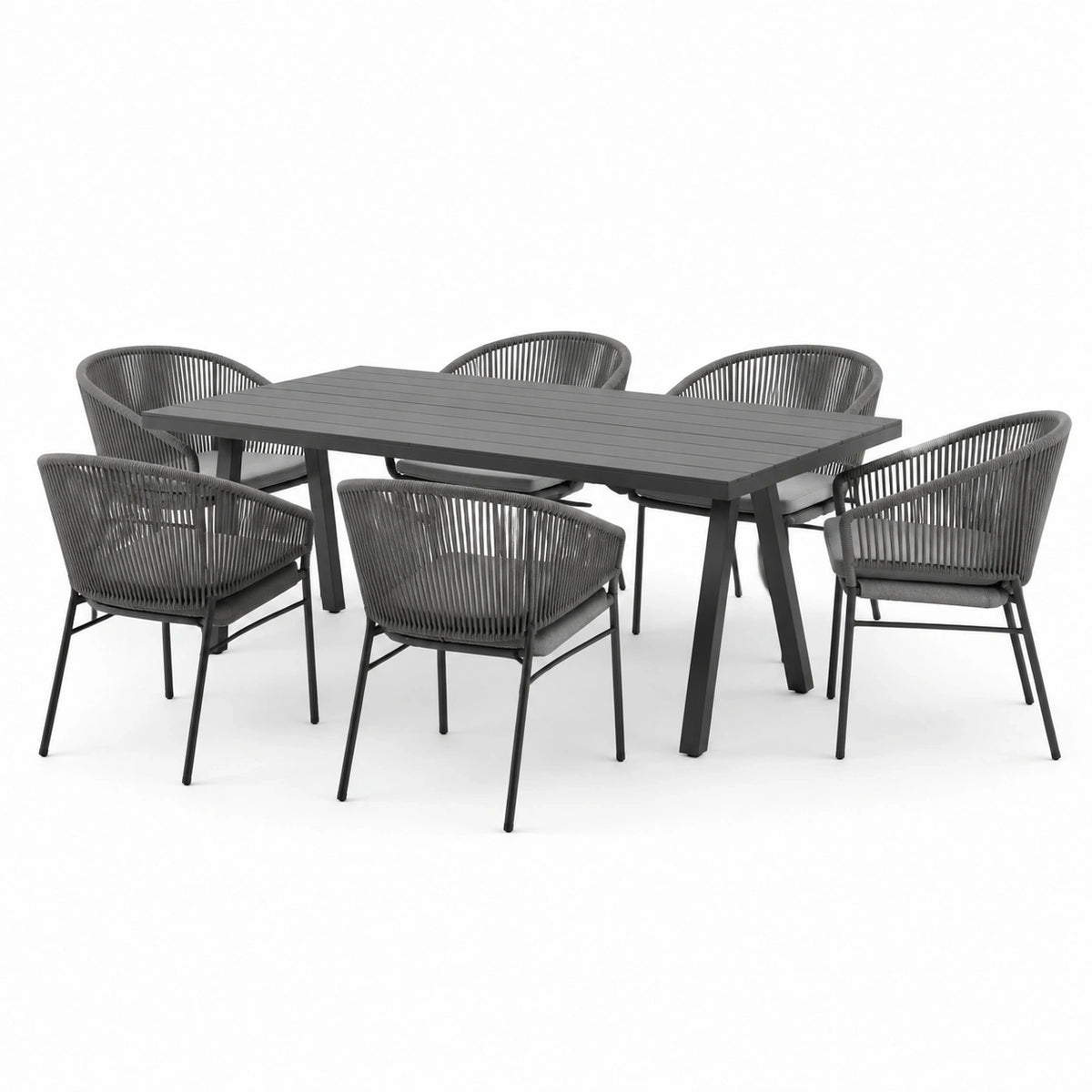 Ensemble repas de jardin 7 pièces gris anthracite et gris clair, table 180 x 90 x 75 cm avec 6 fauteuils 60 x 62 x 80 cm