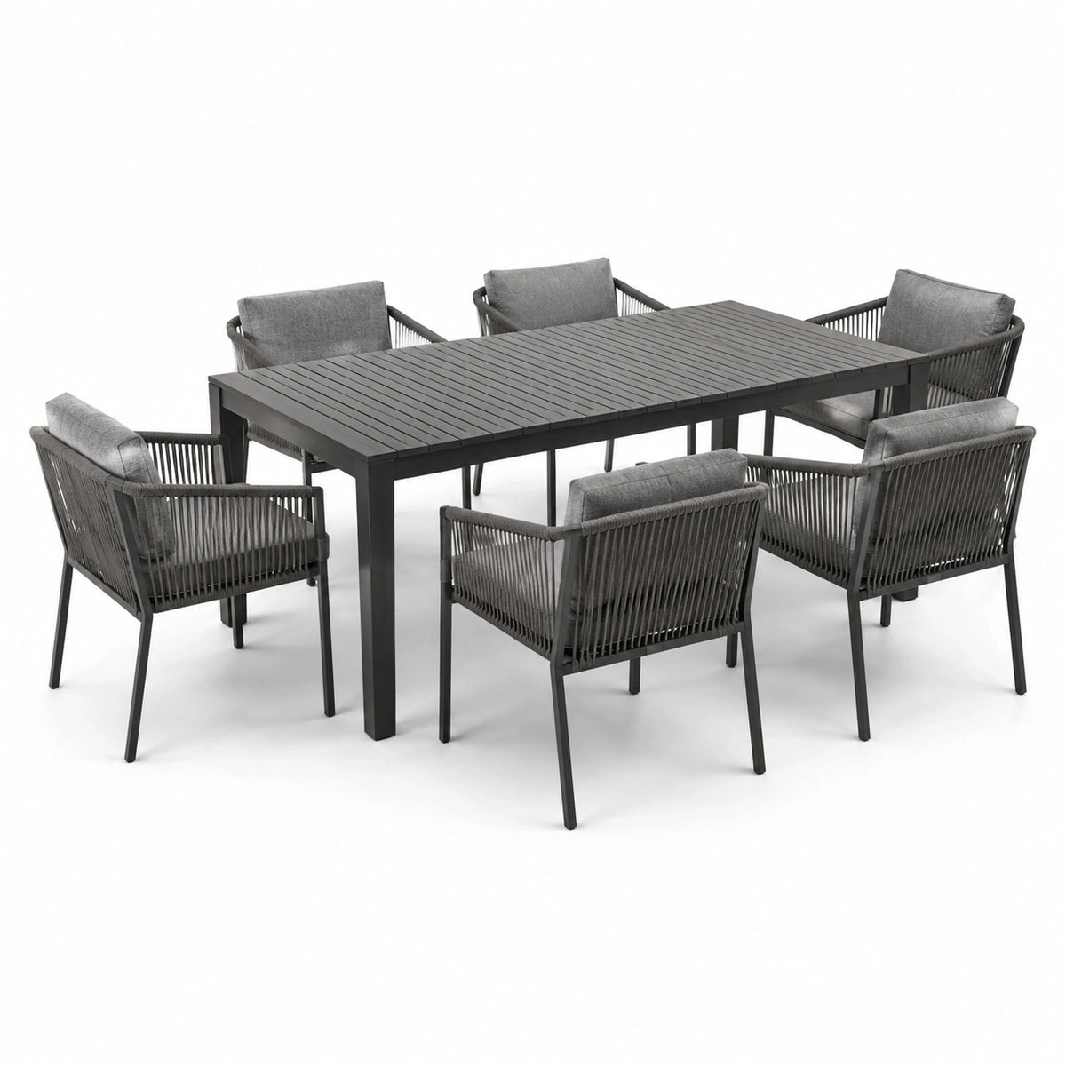 Ensemble repas de jardin 7 pièces noir et gris, table 200 x 100 x 75 cm et 6 fauteuils 62 x 60 x 81 cm