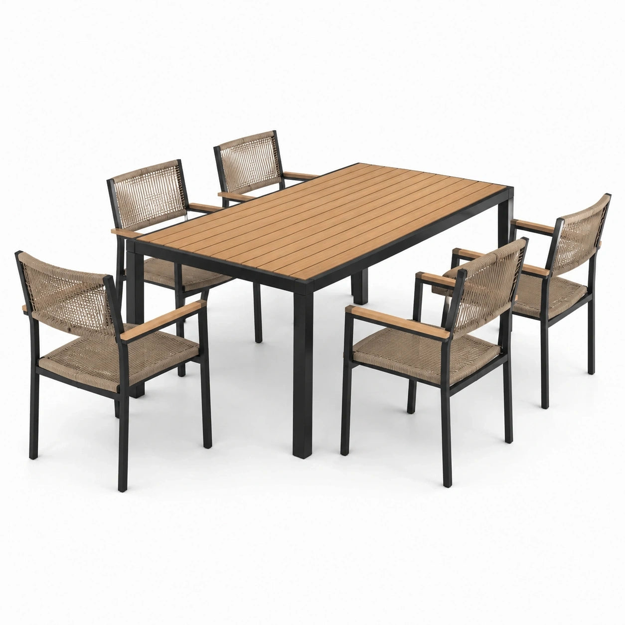 Ensemble repas de jardin 7 pièces, table 160 x 90 x 75 cm et 6 fauteuils 57 x 58 x 86 cm, noir, brun et beige