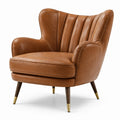 Fauteuil rétro 1 place effet cuir cognac, dossier cannelé, pieds marron foncé et dorés, 90 x 88 x 95 cm