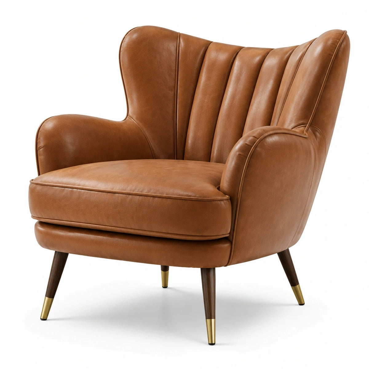Fauteuil rétro 1 place effet cuir cognac, dossier cannelé, pieds marron foncé et dorés, 90 x 88 x 95 cm