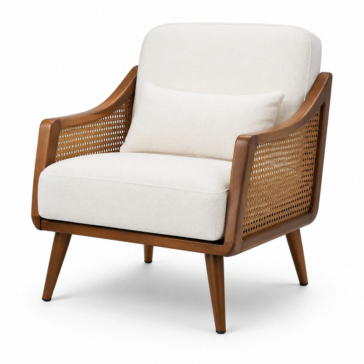 Fauteuil rétro en bois brun et cannage, tissu écru, 76 x 82 x 84 cm