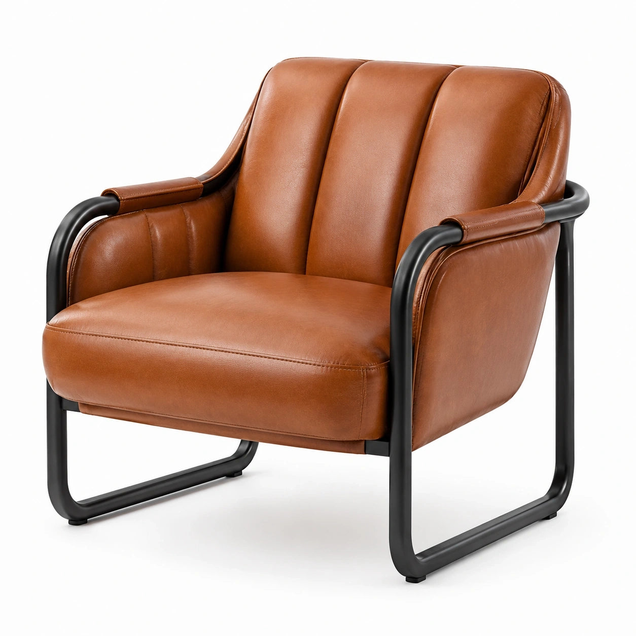 Fauteuil rembourré en similicuir camel avec structure en métal noir, 78 x 82 x 88 cm